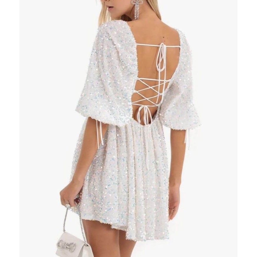 Lucy In The Sky White Sequin Bridal Bachelorette Mini Dress Tie Back Small